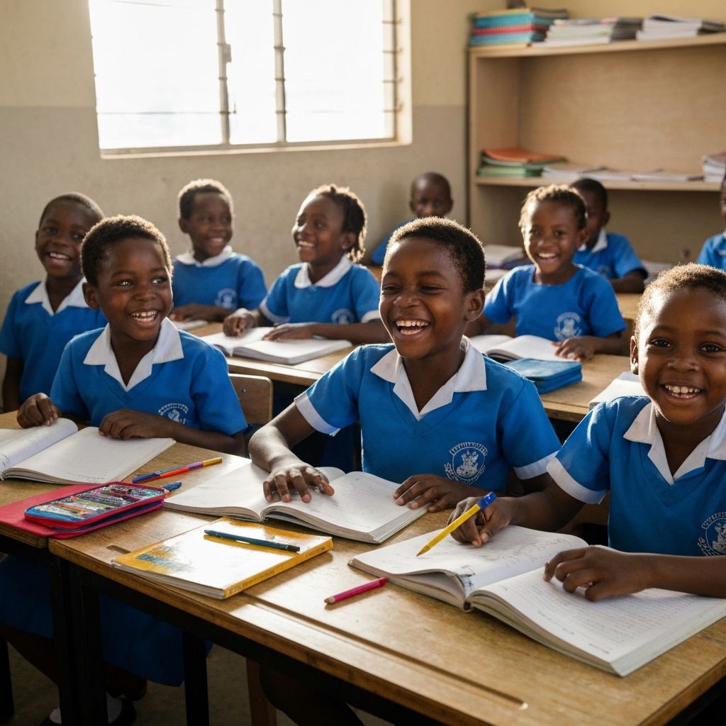Enfants haitiens souriants dans une salle de classe